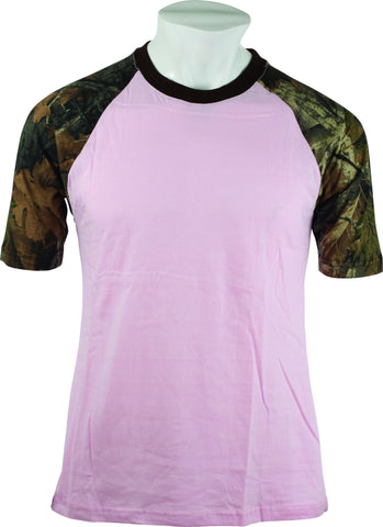WOMEN'S PINK CAMO RAGLAN COTTON SHORT SLEEVE T-SHIRT
