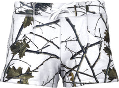WOMEN'S SNOW FOREST CAMO 4-WAY STRETCH ACTIVE DOLPHIN SHORTS